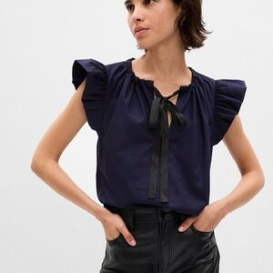 GAP Flutter Sleeve Tie-Neck Shirt Womens Size XL Navy Lightweight Cotton NEW